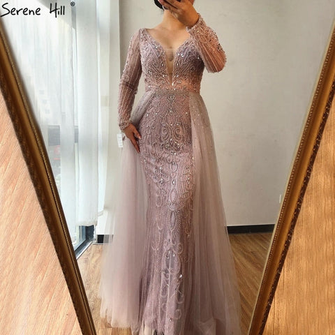 Robe de soirée sirène grise à col en V et manches longues, style Dubaï, avec perles en cristal, luxueuse tenue de soirée formelle, modèle 2025, CLA70433