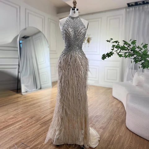 Dubai Halter Beige  Feathers Beaded Formal Luxury Mermaid Evening Dresses For Women Wedding Party 2025 LA70623A