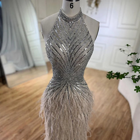 Dubai Halter Beige  Feathers Beaded Formal Luxury Mermaid Evening Dresses For Women Wedding Party 2025 LA70623A