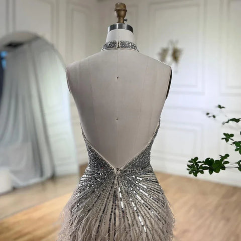 Dubai Halter Beige  Feathers Beaded Formal Luxury Mermaid Evening Dresses For Women Wedding Party 2025 LA70623A