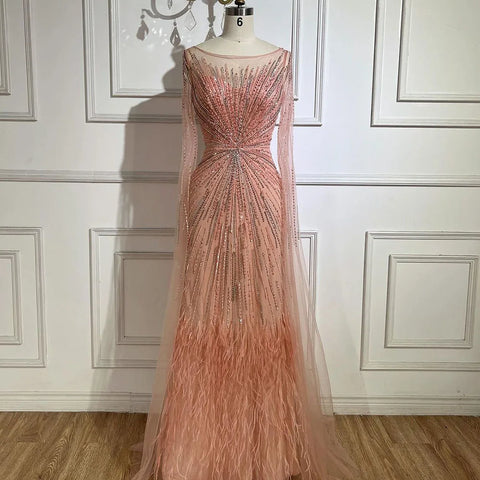 Luxury Lilac Feathers Evening Dresses with Cape Sleeves LA72036