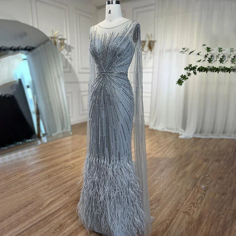 Luxury Lilac Feathers Evening Dresses with Cape Sleeves LA72036