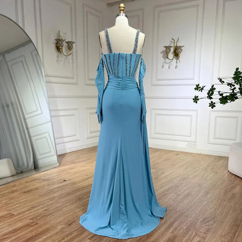 Dubai Luxury Evening Gown 2025 Blue High Split Mermaid Spaghetti Strap Gloves Perfect for Wedding Parties LA72366