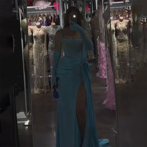 Dubai Luxury Evening Gown 2025 Blue High Split Mermaid Spaghetti Strap Gloves Perfect for Wedding Parties LA72366