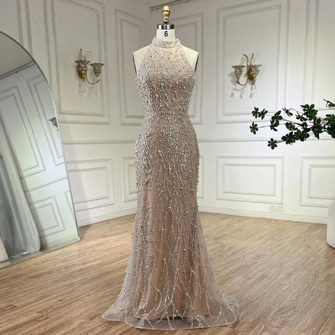 Luxury Beaded Nude Evening Dress with Gloves LA72345