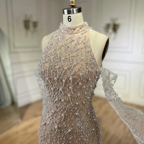 Luxury Beaded Nude Evening Dress with Gloves LA72345