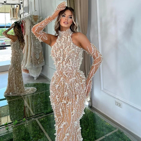 Luxury Beaded Nude Evening Dress with Gloves LA72345
