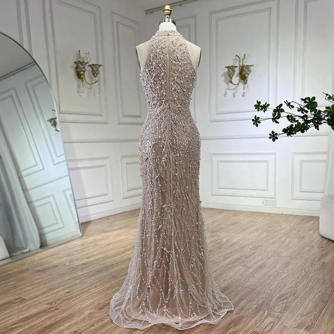 Luxury Beaded Nude Evening Dress with Gloves LA72345