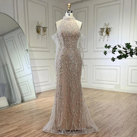 Luxury Beaded Nude Evening Dress with Gloves LA72345