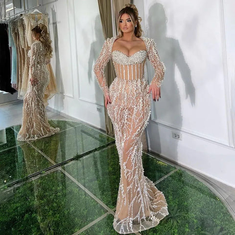 Dubai Luxury Pearls Beaded Nude Elegant Arabic Mermaid Evening Dress for Women - Wedding Party 2025 LA72361