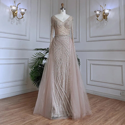 Vestidos de noche de lujo azules estilo sirena con cuentas, estilo musulmán, con falda desmontable, colección 2025 para mujer, modelo LA71750 