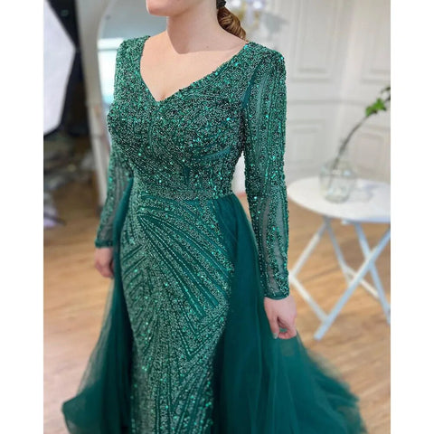 Vestidos de noche de lujo azules estilo sirena con cuentas, estilo musulmán, con falda desmontable, colección 2025 para mujer, modelo LA71750 