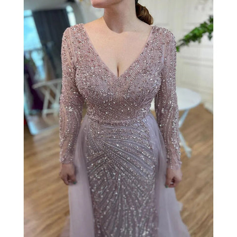 Vestidos de noche de lujo azules estilo sirena con cuentas, estilo musulmán, con falda desmontable, colección 2025 para mujer, modelo LA71750 