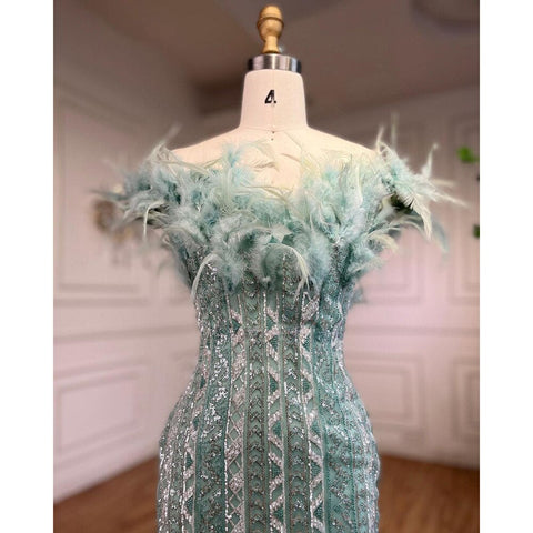Dubai Mint Luxury Crystal Feathers  Sexy Mermaid Evening Dresses Formal Gowns  For Woman Wedding Party 2025 LA72095
