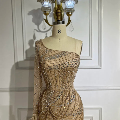 Dubai Nude One Shoulder Luxury Beaded Feathers Split Mermaid Evening Dresses Gowns for Women Party Gown LA72353