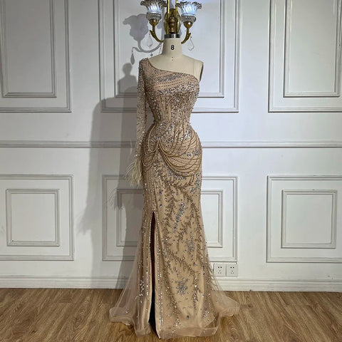 Dubai Nude One Shoulder Luxury Beaded Feathers Split Mermaid Evening Dresses Gowns for Women Party Gown LA72353