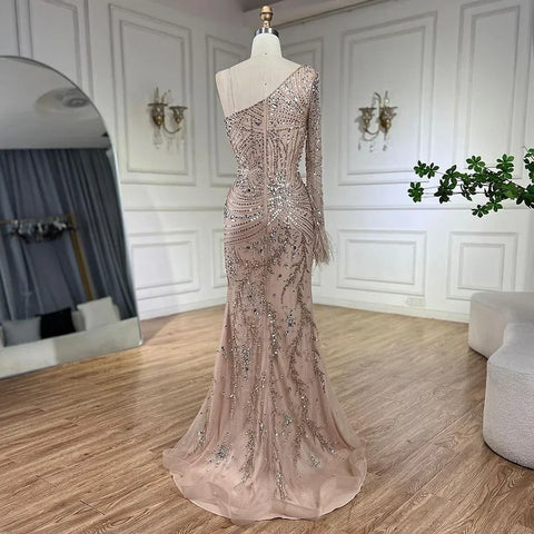 Dubai Nude One Shoulder Luxury Beaded Feathers Split Mermaid Evening Dresses Gowns for Women Party Gown LA72353