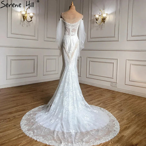 Dubai Off Shoulder Lantern Sleeves Wedding Dresses 2025 Crystal Lace Mermaid Elegant Bridal Gowns Custom Made HA2402