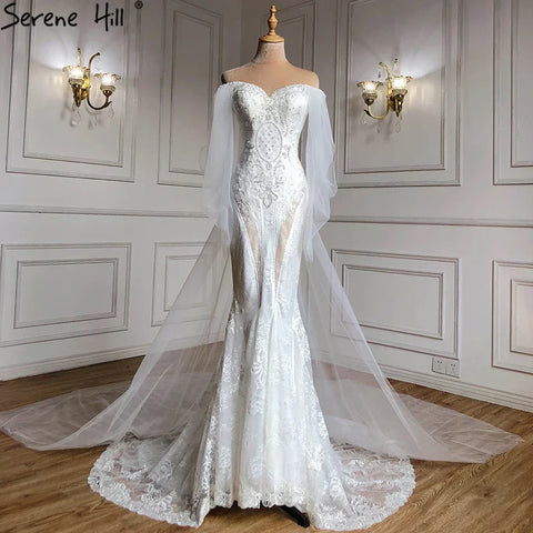 Dubai Off Shoulder Lantern Sleeves Wedding Dresses 2025 Crystal Lace Mermaid Elegant Bridal Gowns Custom Made HA2402
