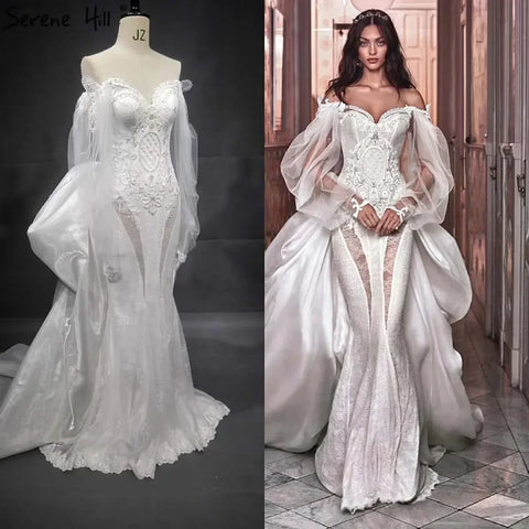 Dubai Off Shoulder Lantern Sleeves Wedding Dresses 2025 Crystal Lace Mermaid Elegant Bridal Gowns Custom Made HA2402