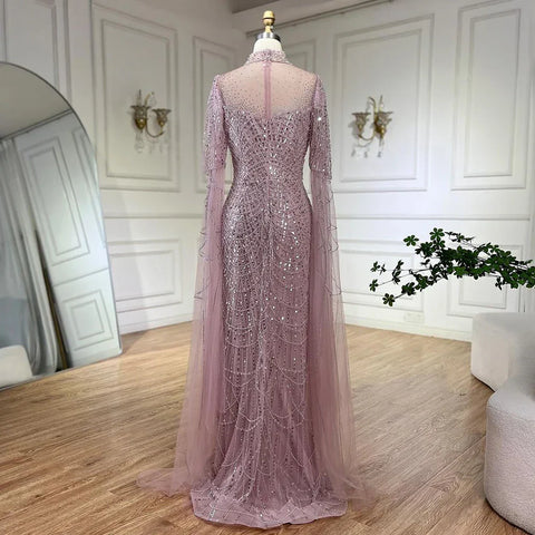 Dubai Pink Cape Sleeves Mermaid Beaded Luxury Long Arabic Evening Dresses Gowns for Woman Wedding Party LA71992A