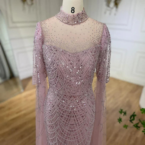 Dubai Pink Cape Sleeves Mermaid Beaded Luxury Long Arabic Evening Dresses Gowns for Woman Wedding Party LA71992A