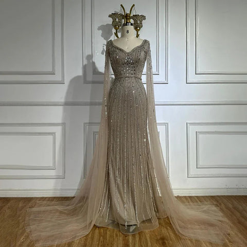 Dubai Royal Blue Elegant Cape Sleeves Beaded Arabic Luxury Evening Dresses Gowns for Women Party 2025 LA72502