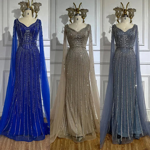 Dubai Royal Blue Elegant Cape Sleeves Beaded Arabic Luxury Evening Dresses Gowns for Women Party 2025 LA72502