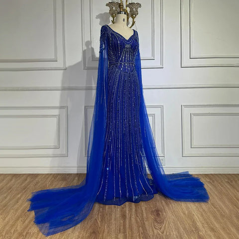 Dubai Royal Blue Elegant Cape Sleeves Beaded Arabic Luxury Evening Dresses Gowns for Women Party 2025 LA72502