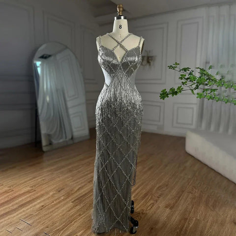 Dubai Silver Mermaid Gold Evening Gowns Luxury Beaded Tassel Spaghetti Strap Party Drsses For Women 2025 LA72280