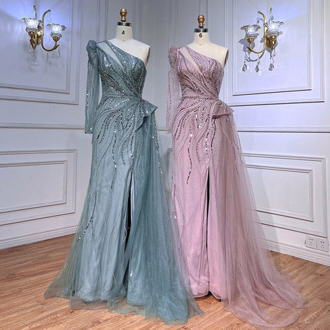 One Shoulder Mermaid Pink Evening Dresses with Overskirt LA72062