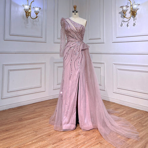 One Shoulder Mermaid Pink Evening Dresses with Overskirt LA72062