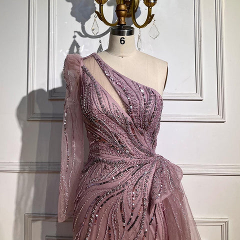 One Shoulder Mermaid Pink Evening Dresses with Overskirt LA72062