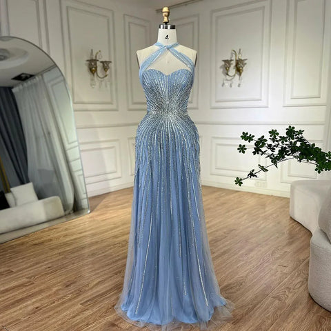 Dubai Turquoise Spaghetti Strap Mermaid Luxury Beaded Evening Dresses Gowns For Women Wedding Party 2025 LA72322