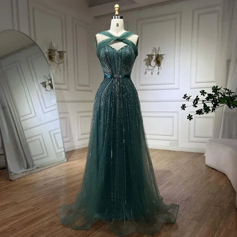 Dubai Turquoise Spaghetti Strap Mermaid Luxury Beaded Evening Dresses Gowns For Women Wedding Party 2025 LA72322
