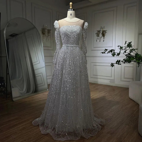 Dubai White A Line Luxury Evening Dresses Pearls Beaded Long Sleeve For Women Wedding Party 2025 LA72167