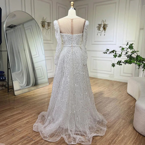 Dubai White A Line Luxury Evening Dresses Pearls Beaded Long Sleeve For Women Wedding Party 2025 LA72167