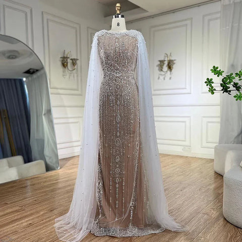 Luxury White Nude Mermaid Evening Dress with Cape Sleeves LA72444