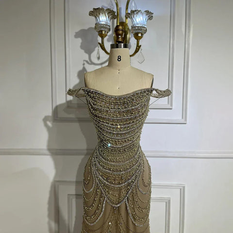 Vestidos de noche de sirena color nude con cristales plateados de lujo, estilo Dubai LA72253