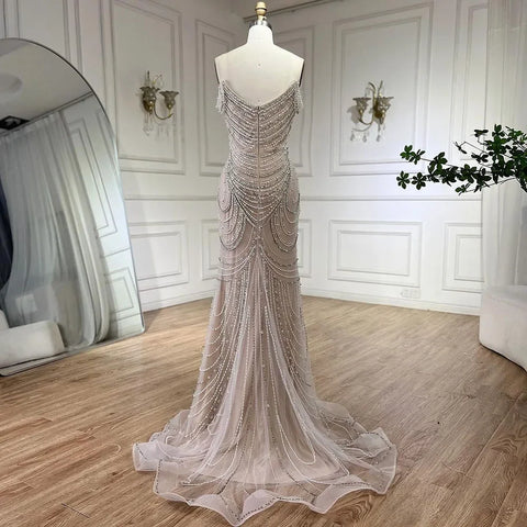 Vestidos de noche de sirena color nude con cristales plateados de lujo, estilo Dubai LA72253