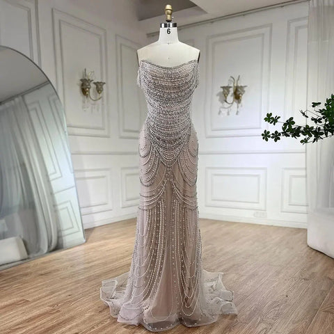 Vestidos de noche de sirena color nude con cristales plateados de lujo, estilo Dubai LA72253