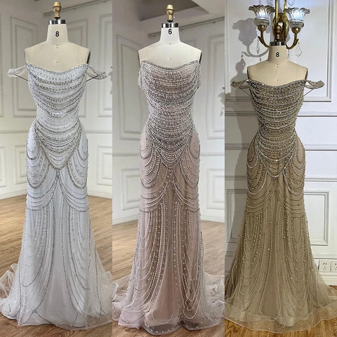Vestidos de noche de sirena color nude con cristales plateados de lujo, estilo Dubai LA72253