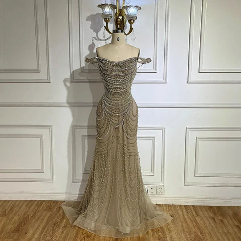 Vestidos de noche de sirena color nude con cristales plateados de lujo, estilo Dubai LA72253