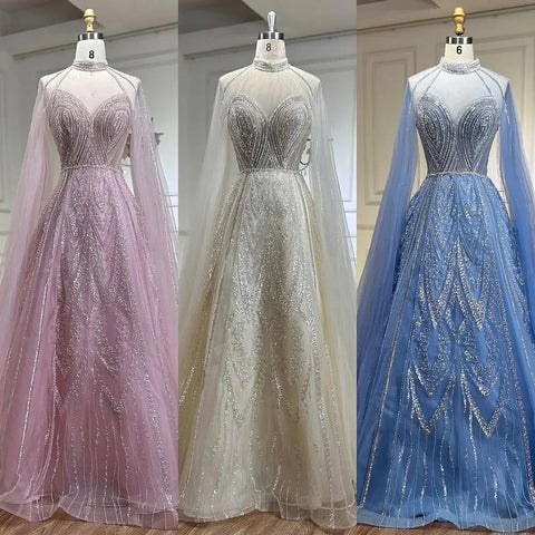 Dubai Yellow Cape Sleeves Elegant A Line Luxury Beaded Evening Dresses Gowns For Women wedding Party 2025 LA72308