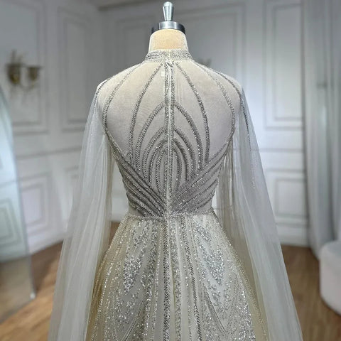 Dubai Yellow Cape Sleeves Elegant A Line Luxury Beaded Evening Dresses Gowns For Women wedding Party 2025 LA72308