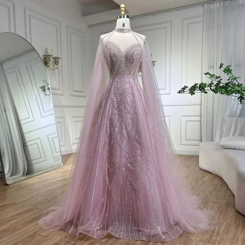 Dubai Yellow Cape Sleeves Elegant A Line Luxury Beaded Evening Dresses Gowns For Women wedding Party 2025 LA72308