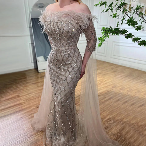 Dubai turquoise Feathers Beaded Mermaid Elegant Strapless Evening Dresses Gowns 2025 For Women Wedding Party LA72169