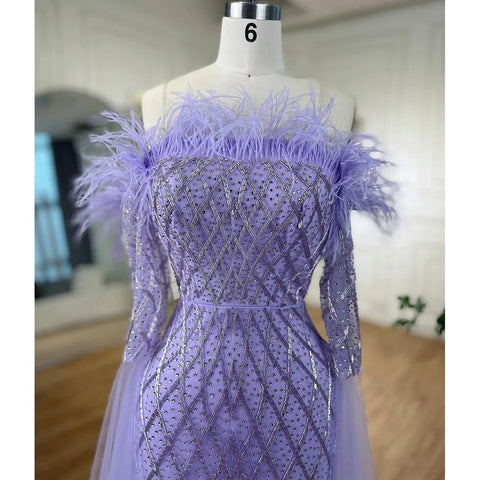 Dubai turquoise Feathers Beaded Mermaid Elegant Strapless Evening Dresses Gowns 2025 For Women Wedding Party LA72169