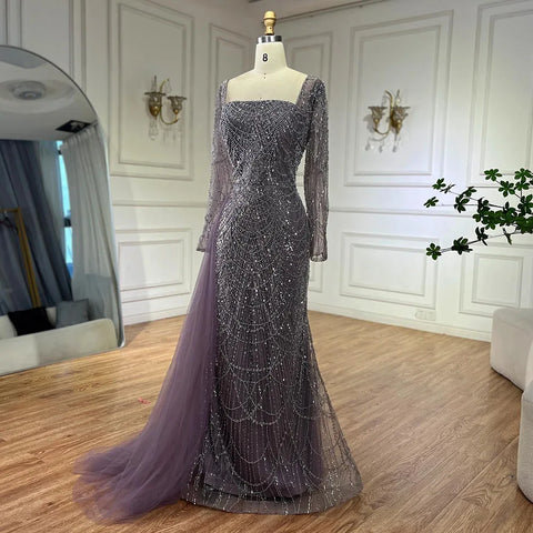 Elegant Arabic Purple Mermaid Beaded Evening Gown with Tulle Overskirt for Women | Wedding Party 2025 LA72032F