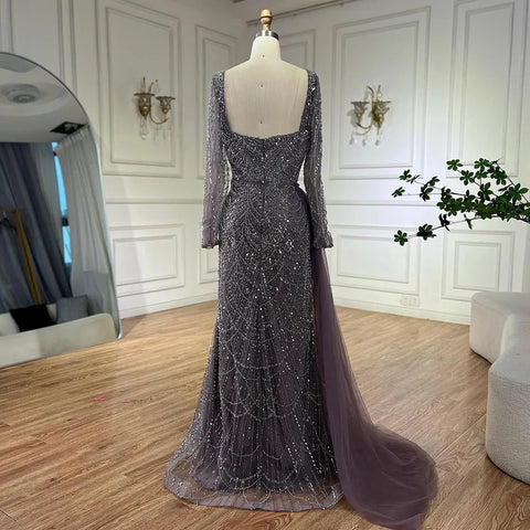 Elegant Arabic Purple Mermaid Beaded Evening Gown with Tulle Overskirt for Women | Wedding Party 2025 LA72032F
